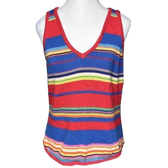 Vintage Y2K Rainbow Stripe Knit Sweater Tank Top V-Neck Made in Japan 2002 Large - Picture 1 of 12
